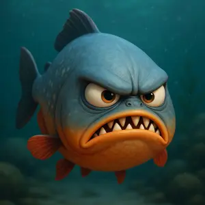 naštvaná pirana se zlomyslným pohledem, ve stylu pixarových animáků