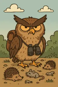 Srandovně zamračený výr s batohem a dalekohledem. Kolem zbytky ježků a hrabošů. Jednoduchý humorný animovaný styl.