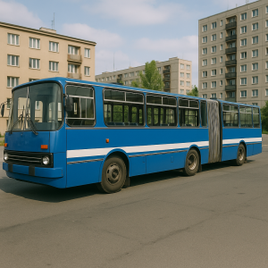 Kloubovy autobus s harmonikou modrý s bílými pruhy