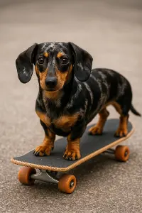 Trpasličí jezevčík černo šedo hnědý na skateboardu koukající do kamery