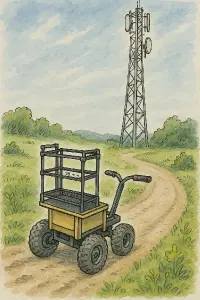 motůčko které má 4 kola, nemá korbu má malý 19"Rack a jede ke stožáru mobilního operátora, obrázek je kreslený