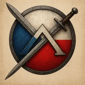 spartský štít v barvě české vlajky, přes štít spartský měč