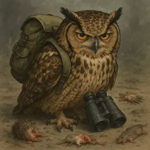 Zamračený výr velký s batohem a pozorovacím dalekohledem. Poházené zbytky ježků a hrabošů. Realistický animovaný styl.