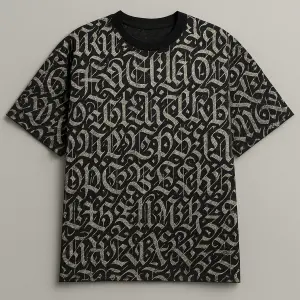 Black oversized streetwear t-shirt with full all-over print, completely covered edge to edge with chaotic ancient callig