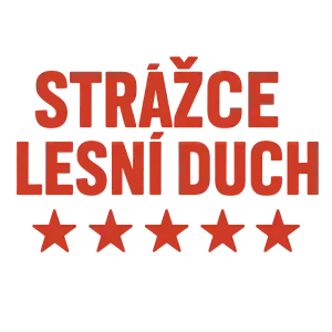 Nápis strážce lesní duch v červeno bílé barvě a 5 hvězdiček pod to bez pozadí