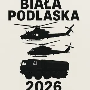Nahoře nápis Biala Podlaska, Pod ním siluety 2 šikmo letících UH 1Y Venom a pod nimi siuleta T 815-7, pod ní 2026