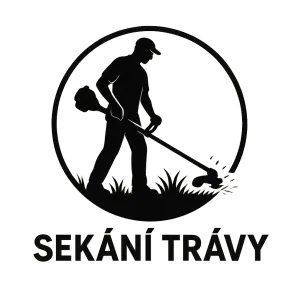 Sekání trávy. Logo, černobílé. Člověk co seká trávu, třeba sekačkou nebo strunovou sekačkou. Vhodné jako logo pro firmu.