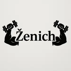 Černý nápis Ženich ve fontu ZY Bliss. Po bocích nápisu dvě vyposilované ruce zatnuté v biceps. V ruce činku