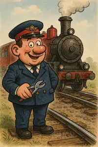 Vlakvedoucí, vlak, kleštičky, železnice, karikatura