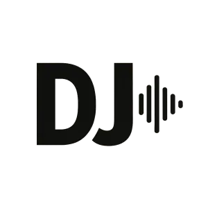 Text: DJ doplněný o symbol vibrace zvuku
