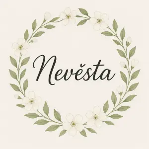 Nápis Nevěsta psacím písmem ve věnečku z bílým květin a zelených lístků. Věneček musí být jemný.