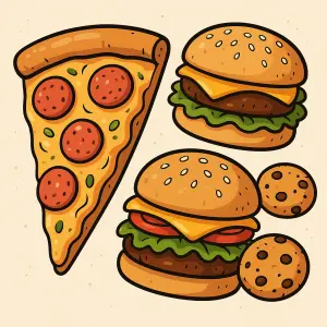 kreslená pizza a hamburgery a cookies