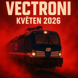 Udělej obrázek s akčním nápísem vectroni květen 2026 do pozadí dej vlak čd Siemens vecron s červenou mlhou všude