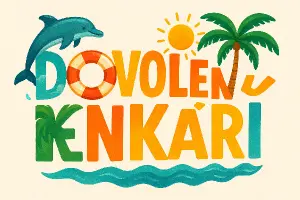 Nápis Dovolenkáři v summer vibe stylu. Písmeno D nápisu proskakuje delfín a písmeno o jako záchranný kruh.