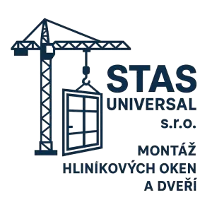 Udělej mi logo na název firmy STAS Universal s.r.o. téma montáže hliníkových oken a dveří zakomponuj do obrázku jeřáb