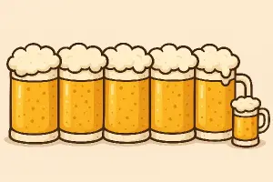 kreslený obrázek, šest piv a malé pivo v řadě vedle sebe, půllitry s uchem bez zdobení