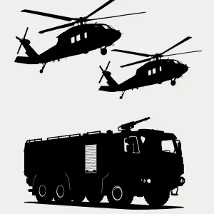 siluety šikmo letících 2 UH 1Y pod nimi silueta Tatra 7 force hasičská