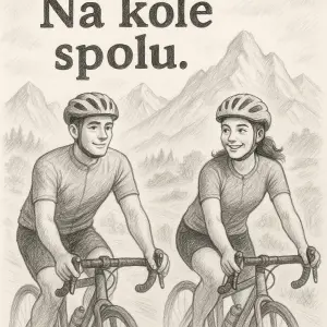 text: Na kole spolu. pod tím dva tužkou kreslení cyklisti s pozadím hor