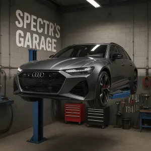 Auto Audi RS6 na zvedáku v dílně s nářadím a nápisem s názvem dílny Spectr's Garage