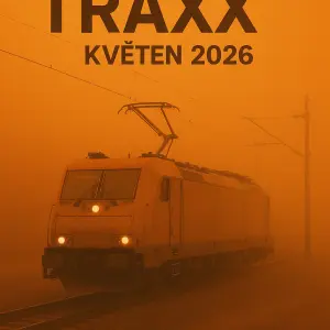 Vytvoř obrázek traxxové květen 2026 s lokomotivou TRAXX a oranžovou mlhou všude kolem