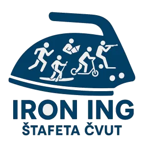 Logo jako žehlička štafetové akce ČVUT s názvem IRON ING. Součástí je běh, orienťák, paddleboard, koloběžka a biatlon.