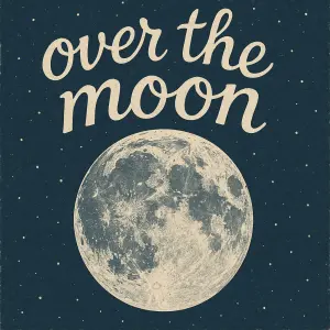Nápis "over the moon" a obrázek měsíce.