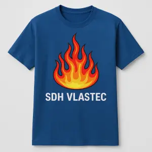 modré tričko s motivem plamenů a nápisem SDH Vlastec