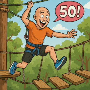 muž sportovec, bez vlasů, leze v lanovém parku z jedné překážky na druhou, vtipné, k oslavě 50. narozenin