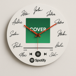 potřebují hodiny kde bude místo čísel naše podpisi a ty Hedini bude Cover jakoby přehrávání na spotyfy udělej spotyfy ob