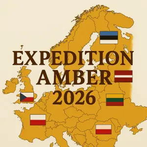 Nápis: Expedition Amber 2026 mapy a vlajky České republiky Polska, Litvy, Lotyšska, Estonska, Finska.