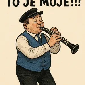 Kapelník co hraje na klarinet má modrou vestu, bílou košili a černé kalhoty A nad obrázkem bude napsáno to je moje!!!