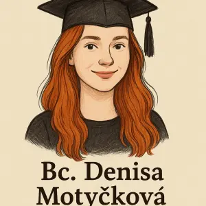 nápis Bc. Denisa Motyčkováobrázek slečny, rezaté dlouhé vlasy a promoční čepici na hlavěa kreslený obrázek, všeobecný
