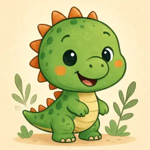 Roztomilý kreslený dinosaurus s kulatou větší hlavou, ostny, usmívající se.