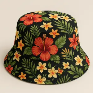 Černý nebo béžový bucket hat / klobouk.Celoplošný potisk v havajském stylu (ibišky, palmové listy, tropické květy).Bar