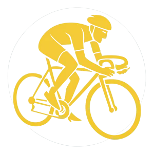 Abstract Illustration of a man on a racing bicycle. Only in yellow. On a blue circle. No background