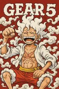 Chtěl bych One Piece Luffyho Gear 5, nápis GEAR 5 nahoře nad Luffym a aby byl bílí nadpis s kou4ovým fontem