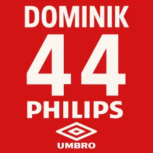 červené pozadí a nápis Dominik a číslo 44 a logo Philips a Umbro