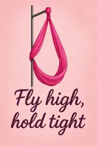 Pole dance tyc, kolem látka na fly jogu v růžové barvě, pod tím napis Fly high, hold tight