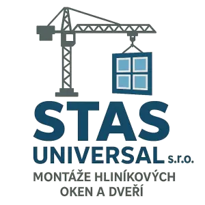 Udělej mi logo na název firmy STAS Universal s.r.o. téma montáže hliníkových oken a dveří zakomponuj do obrázku jeřáb