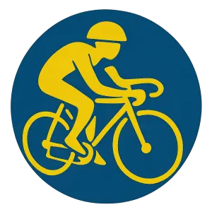 An abtract yellow figure, riding a racing bike helmet. Completely within a blue circle. No background