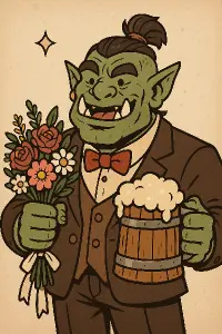 ork se svatební kytkou a pivem v ruce, styl kartoon prvky DnD