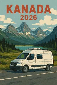 Obrázek kanadských hor a obytné dodávky s nápisem Kanada 2026.