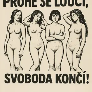 Potřebuju tam napiš PROHE se loučí, svoboda končí!A kolem makety žen nahých .jen napiš a ženy