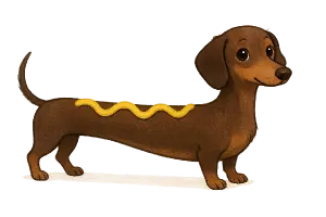 Dlouhý a hubený jezevčík který vypadá jako hot dog a je roztomilý, bez pozadí.