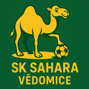 Velbloud s fotbalovým míčem. Pod něj nápis “SK Sahara Vědomice”Vše laděno do zelenožlutých barev.