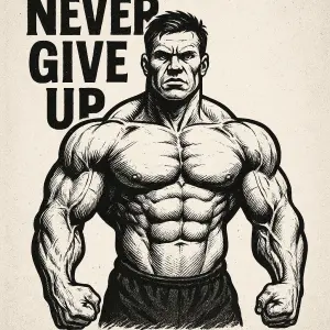 grafika vrchní části těla kulturisty s nápisem never give up