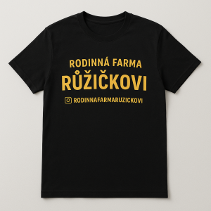 Vygeneruj mi tričko s nápisem rodinná farma Růžičkovi, aby byl nápis ve žluté. Odkaz na instgram rodinnafarmaruzickovi
