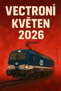 Udělej obrázek s akčním nápísem vectroní květen 2026 do pozadí dej vlak čd Siemens vecron s červenou mlhou všude