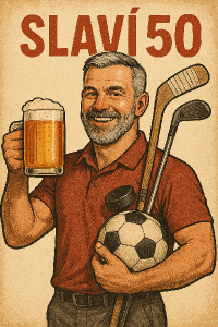 Styl vintage,mužsportovní postavy,má rád lední hokej,golf,forbal,krátké vlasy a vousy,prošedivělý,má rád pivo a slaví 50