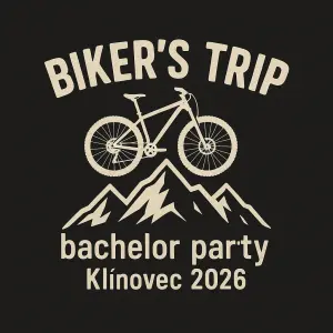Hlavní text: BIKER´S TRIPMenší text: bechelor party - Klínovec 2026Symbol: horského kolo, hory